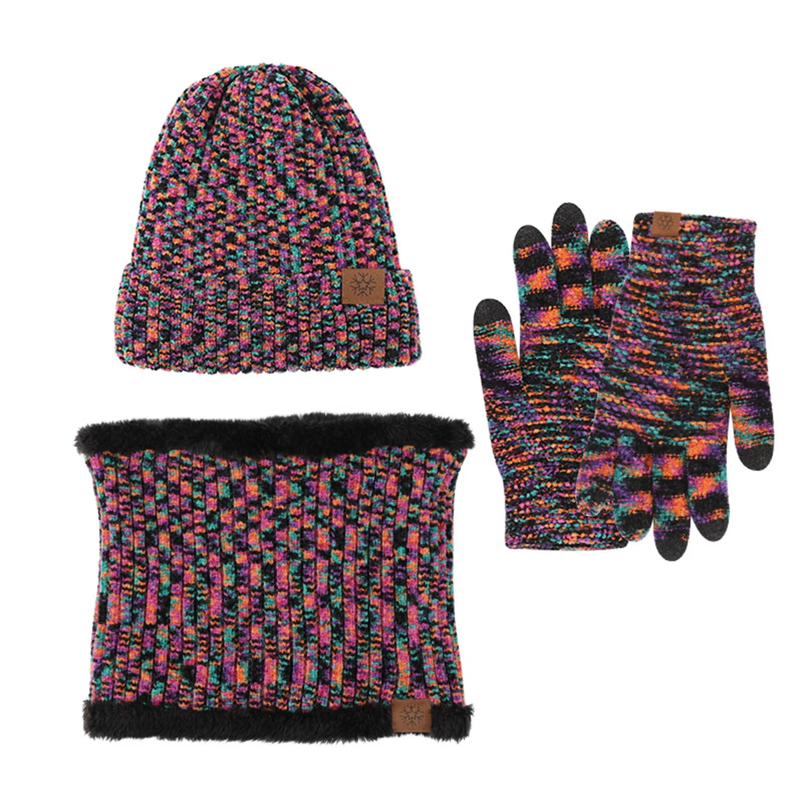 Conjunto de três peças de cachecol e luvas de malha para homens e mulheres, gorro, monocromático grosso, terno feminino, chapéu quente, moda inverno, 2024