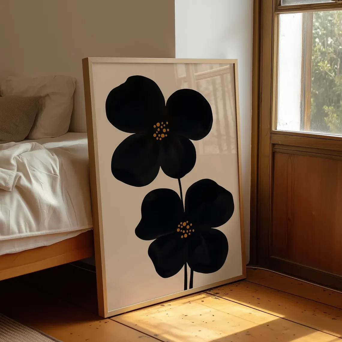 Moody Wall Art Black Floral Print, Oversized Flower Print Abstract Mid Century Framed Print, Minimal Japandi Black & Beige Flowe image 4