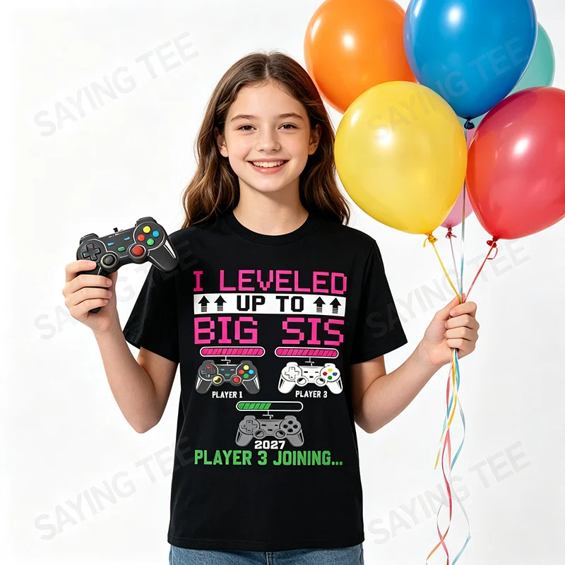 Leveled Up To Big Sister Again 2027 T-Shirt mit Aufschrift „Promoted To Big Sister“, Y2k Game Controller Gamer Saying Tee, Schwangerschaftsankündigung – Detail 7
