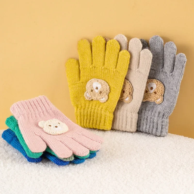 2-5 Years Kids Winter Knitted Bear Gloves Warm Full Finger Toddler Mittens Cute Cartoon Baby Boy Girl Gloves for Cold Weather