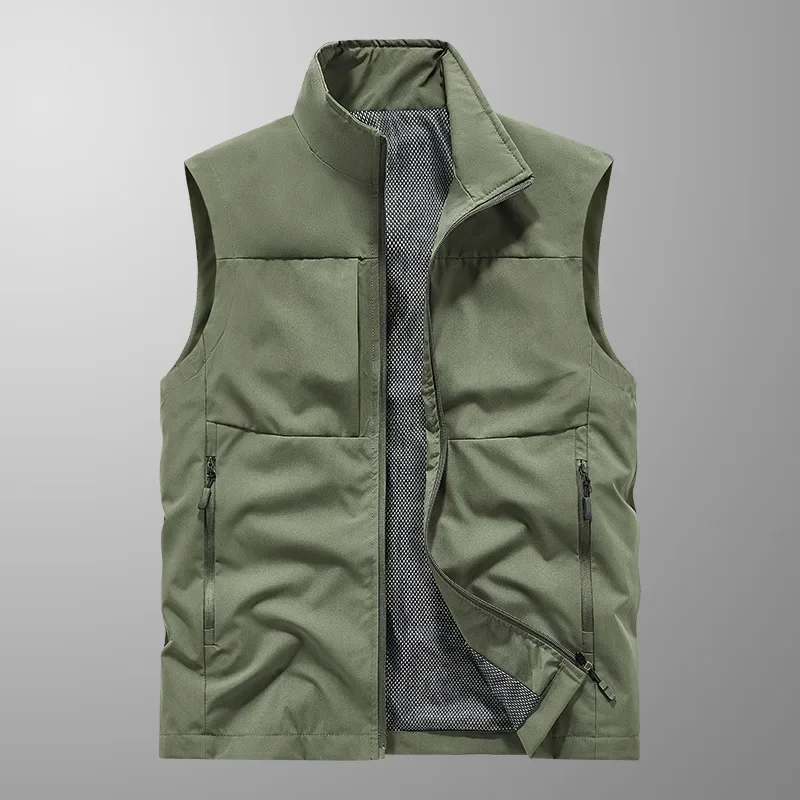 

Spring Summer Fashion Stand Collar Casual Vests Men Solid Safari Style Fishing Hiking Vest Male Sleeveless Jackets Zipper Coats