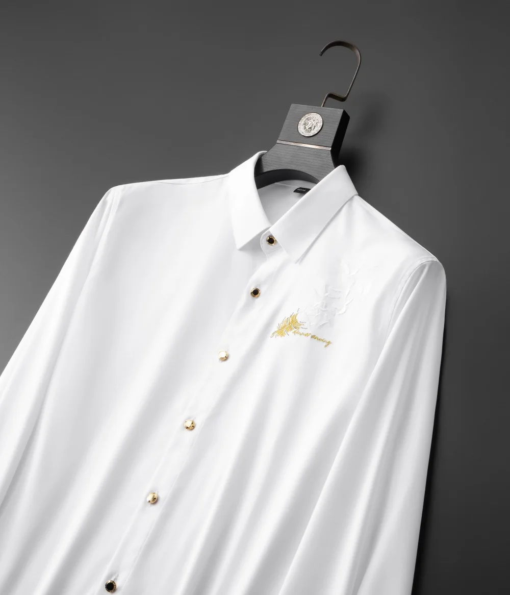 2024 Spring Embroidered Shirt for Men High Quality Seamless Elastic Casual Shirt Business Dress Shirt Social Party Tuxedo Blouse