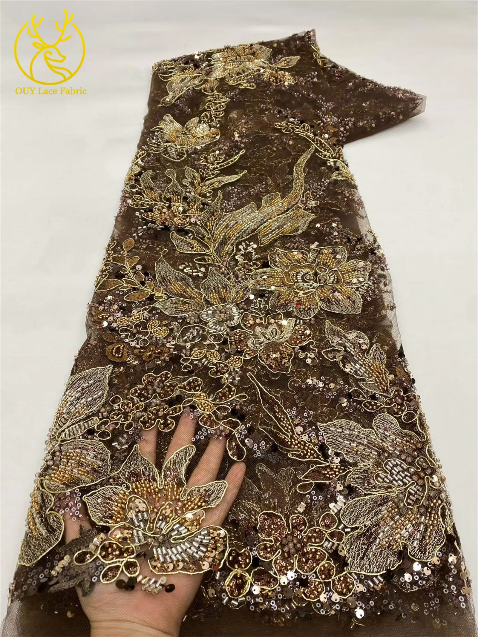 Eleganter Tüll-Spitzenstoff mit Pailletten und Blumenstickerei, afrikanischer handgefertigter Perlen-Mesh-Spitzenstoff zum Nähen von Abendkleidern, 5 Yards – Detail 8