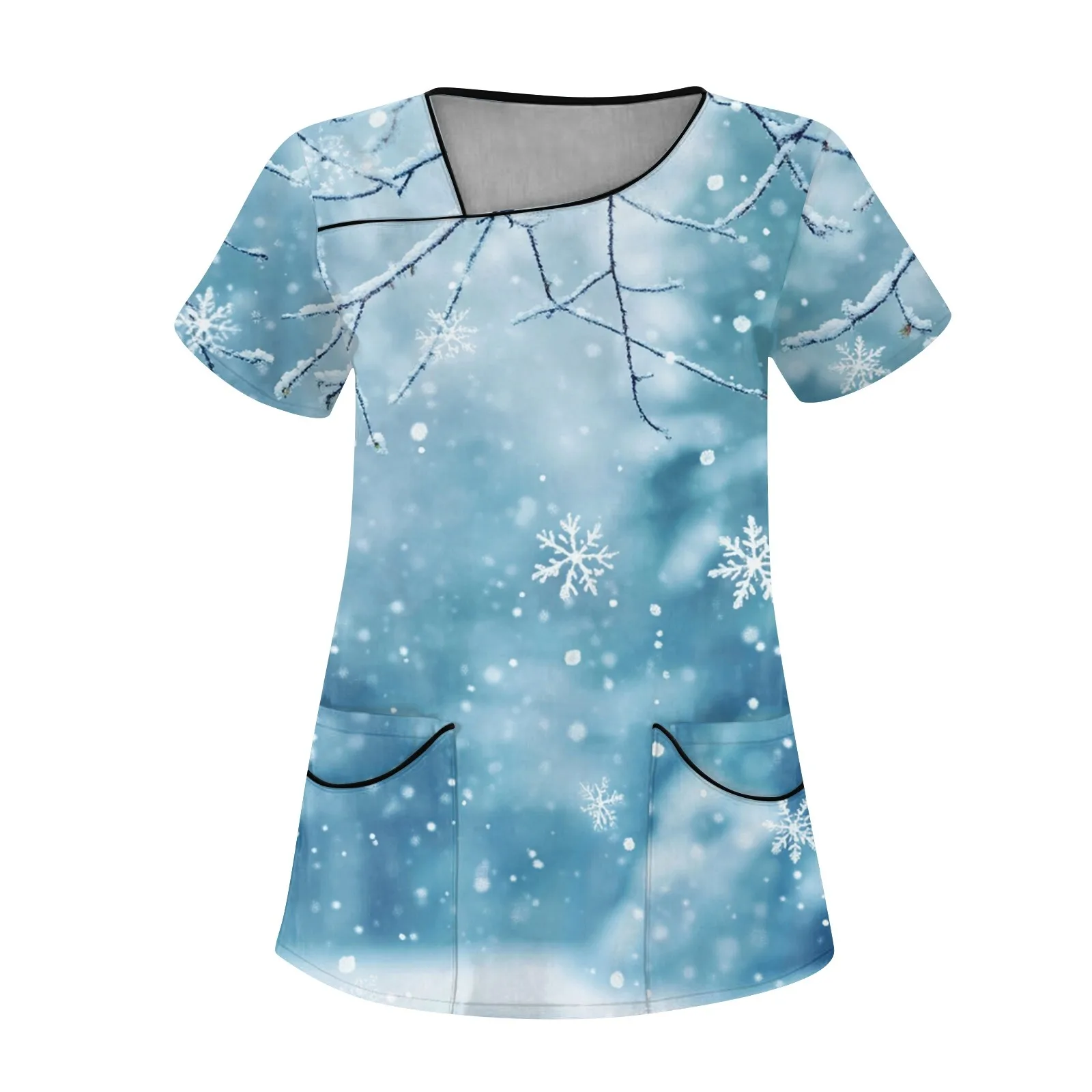 Uniforme sanitário mulher bonito boneco de neve estampas com decote em v bolsos de manga curta em material micro-elástico topos uniformes clínicos mulher