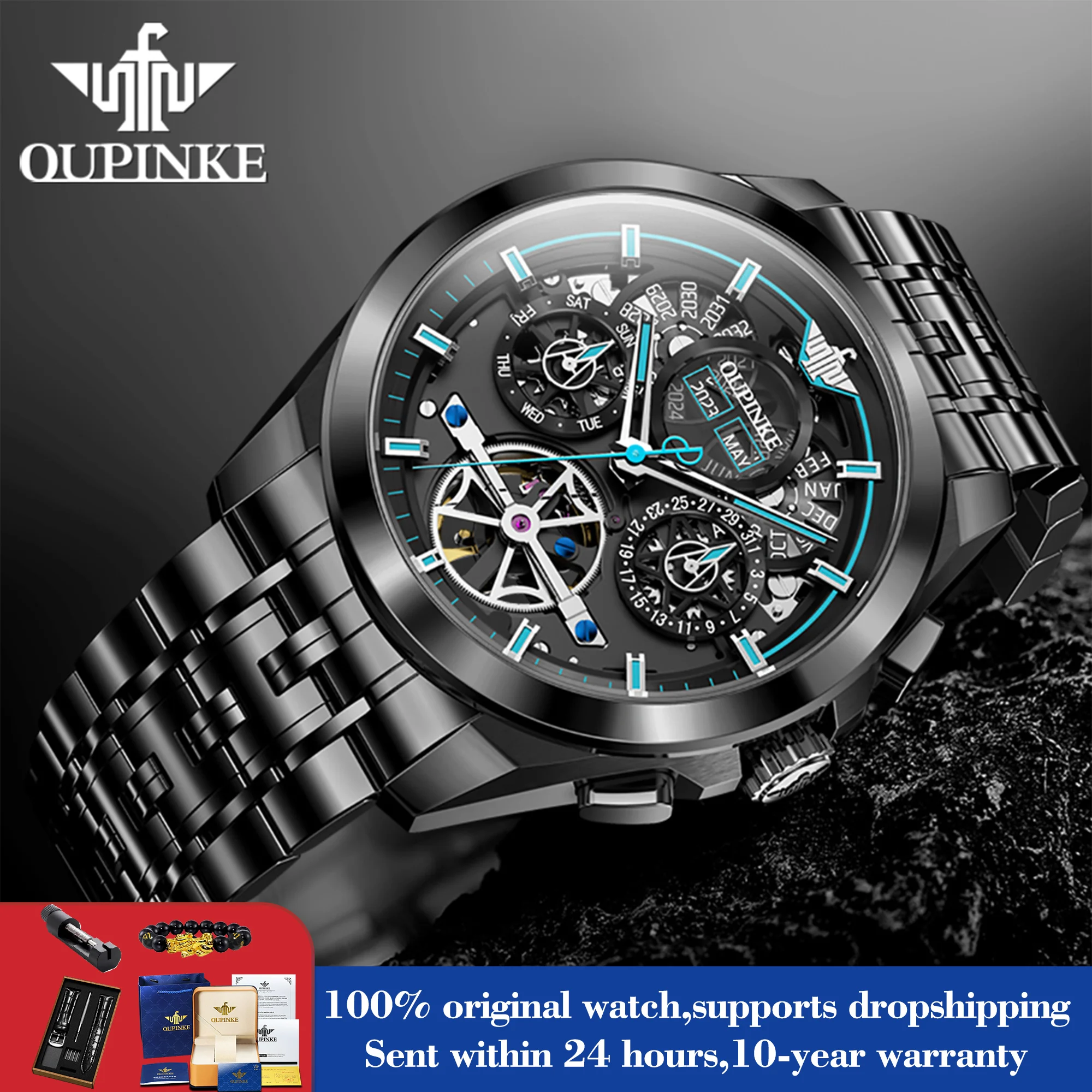 OUPINKE 3235 Automatic Mechanical Watch For Men Multifunction Date Fashion Hand Clock Deep Waterproof Luminous Hollow Man Watch