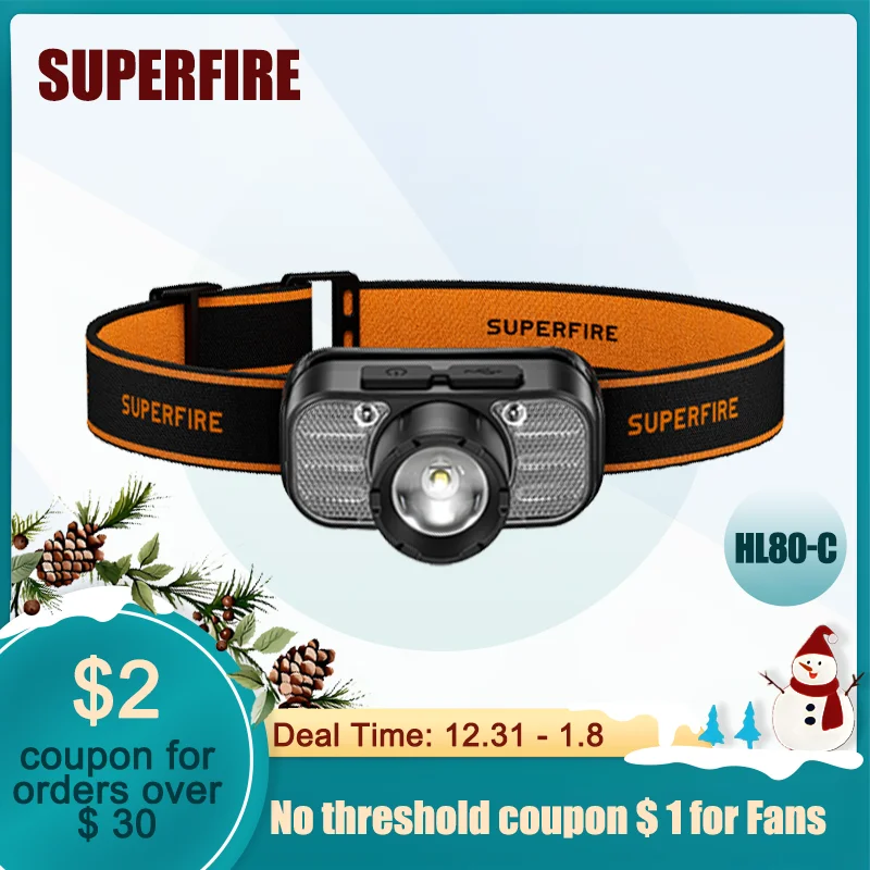 

SUPERFIRE HL80-C Powerful LED Headlamp USB Rechargeable Sensor Headlight Zoom Head Lamp Flashlight for Fishing and Camping torch