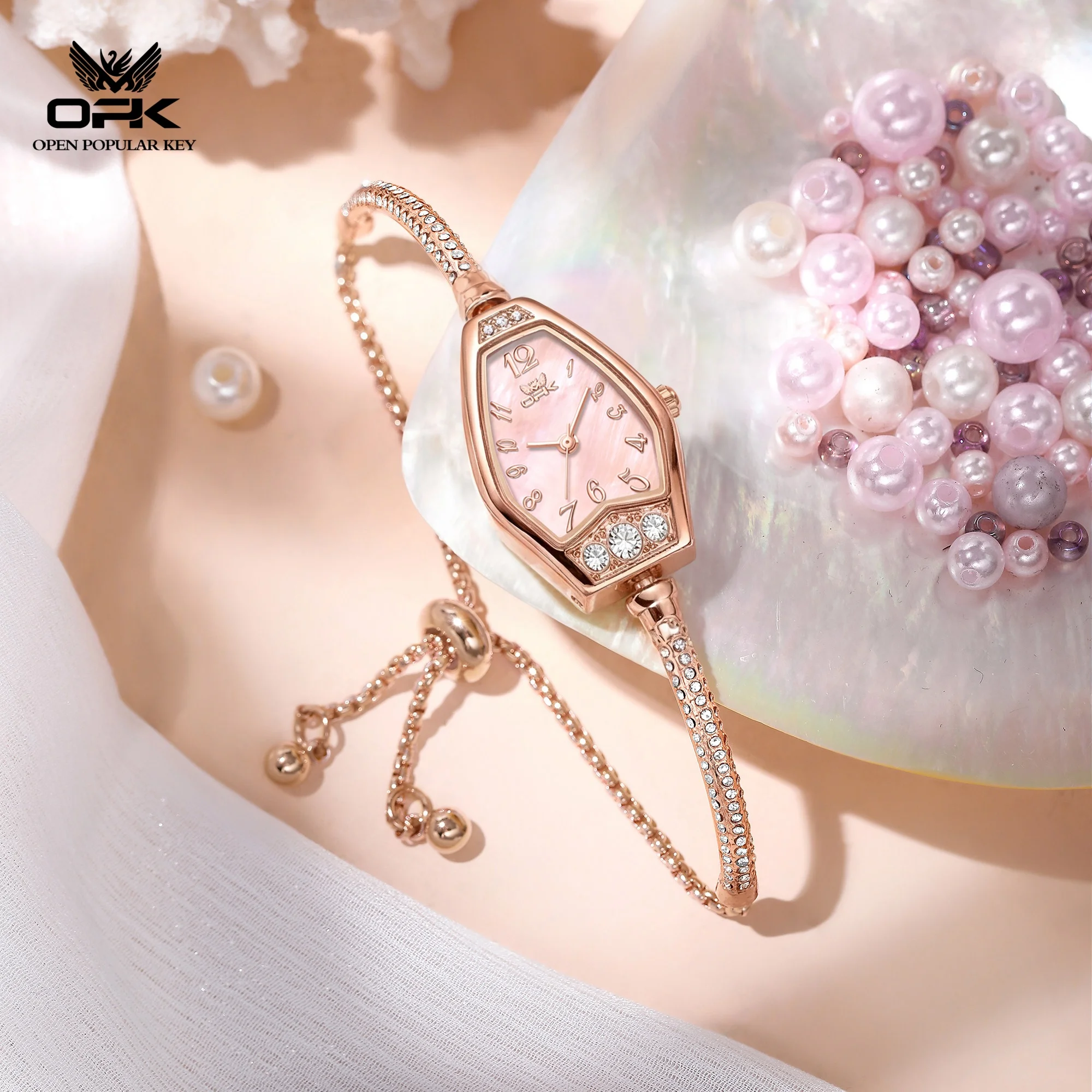 OPK 6096 Original Quartz Movement Watch For Women Elegance Mother-of-pearl Tonneau Dial 30M Waterproof Semi-bangle Watch