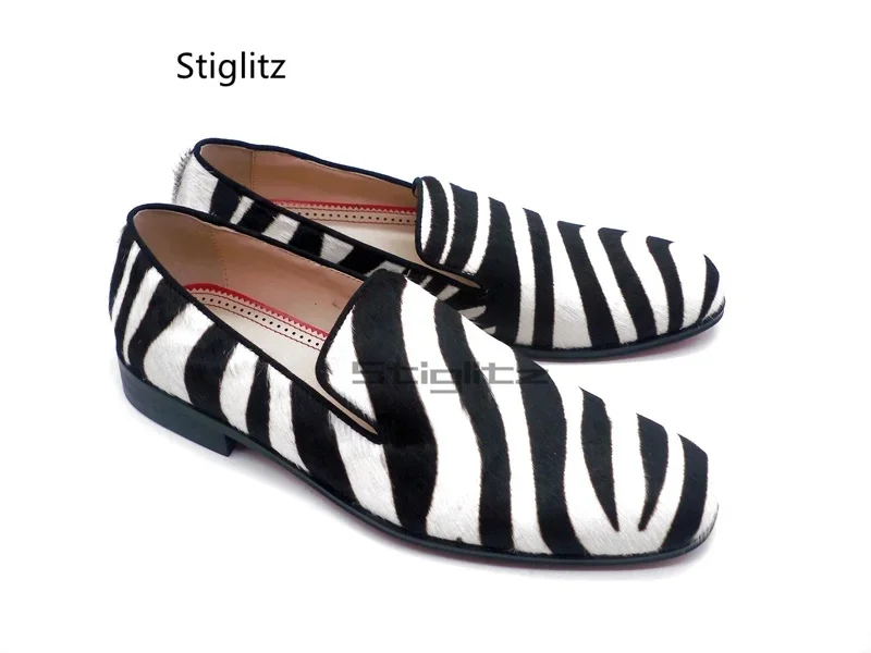 Black and White Zebra Striped Loafers Shoes for Men Horsehair Leather Slip On Dress Shoes Men\'s Flats Casual Driving Shoes