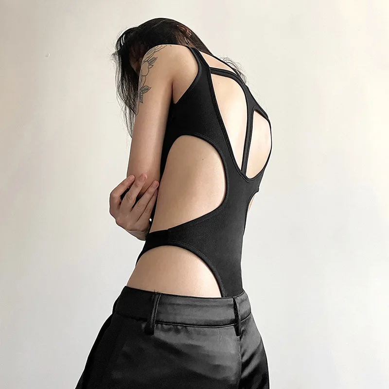Sexy Spicy Girl U-neck Hollow Out Women\'s Clothing Splicing Slim Exposed Navel Short Women\'s Top Solid Color High Waist Jumpsuit