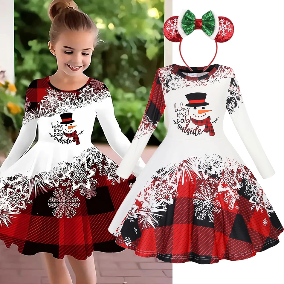 Robe de noël pour filles, vêtements d'automne et d'hiver 2026, imprimé de dessin animé mignon, manches longues, tenue décontractée pour fête de noël, nouvelle collection