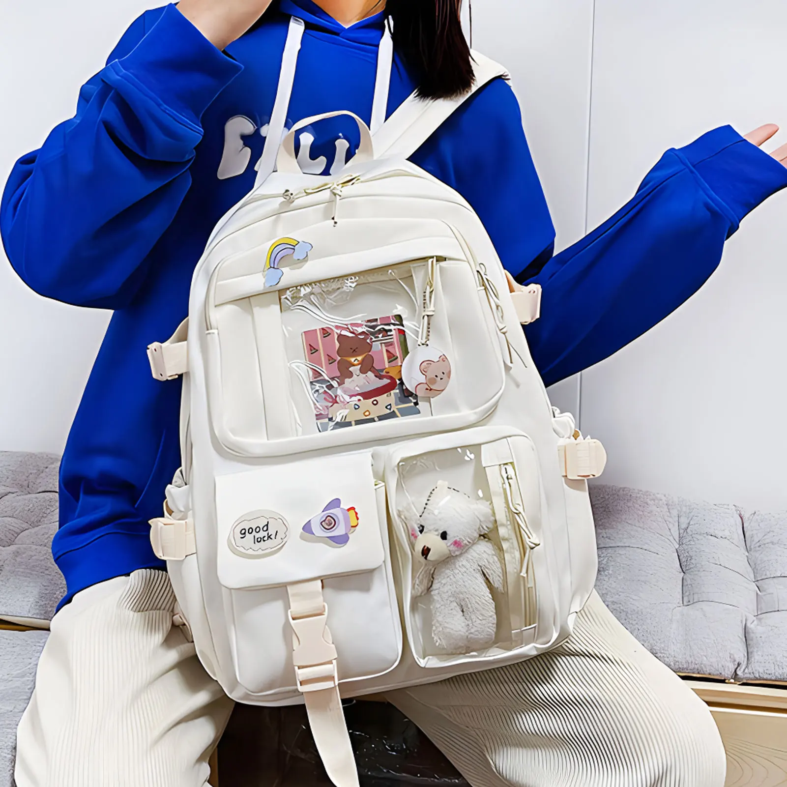 Kawaii حقيبة كتف ظهر مع دبوس وملحقات أسود/وردي/كريمي-أبيض/أخضر بنات حقائب مدرسية مع دبوس لطيف و