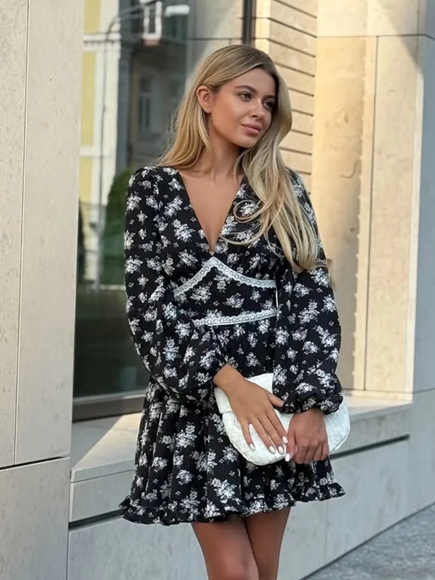 

Marthaqiqi Lace Women'S Pajamas Long Sleeve Sleepwear Sexy V-Neck Nightgowns Printing Mini Dress Fashion Ladies Nightwear Winter