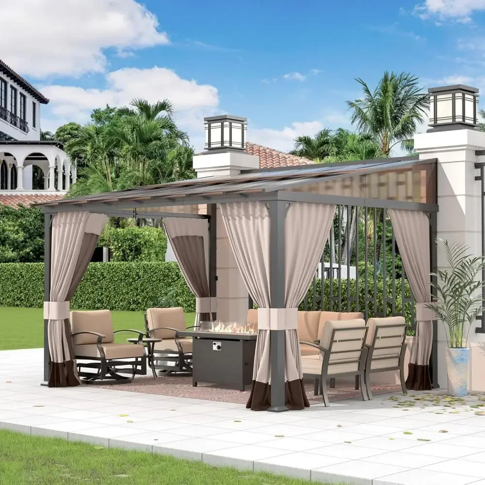 10ft x 12ft Multi-Functional Outdoor Gazebo with Sloped Roof, Wall-Mounted, Galvanized Steel for Backyard Deck in Khaki