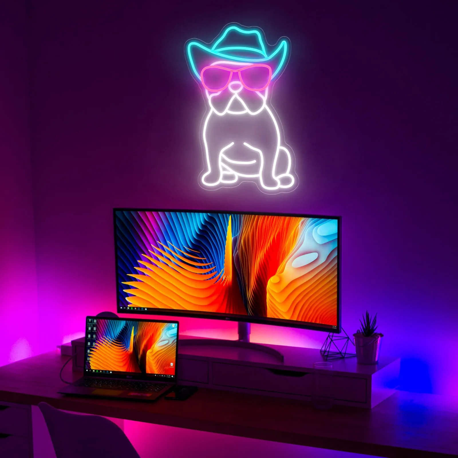 Imagem -04 - Sinal de Neon Bulldog Francês para Decoração de Parede Cowboy Frenchie Vestindo Óculos Fench Acessórios