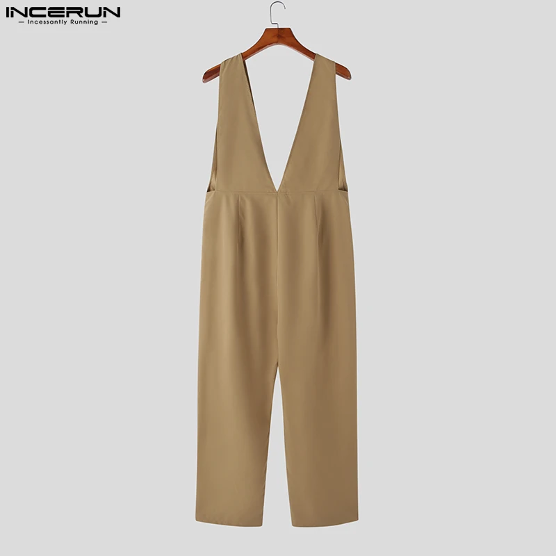 Men Jumpsuits Solid Color Deep V Neck Sleeveless Pocekts Rompers 2023 Streetwear Loose Fashion Casual Men Overalls S-5XL INCERUN