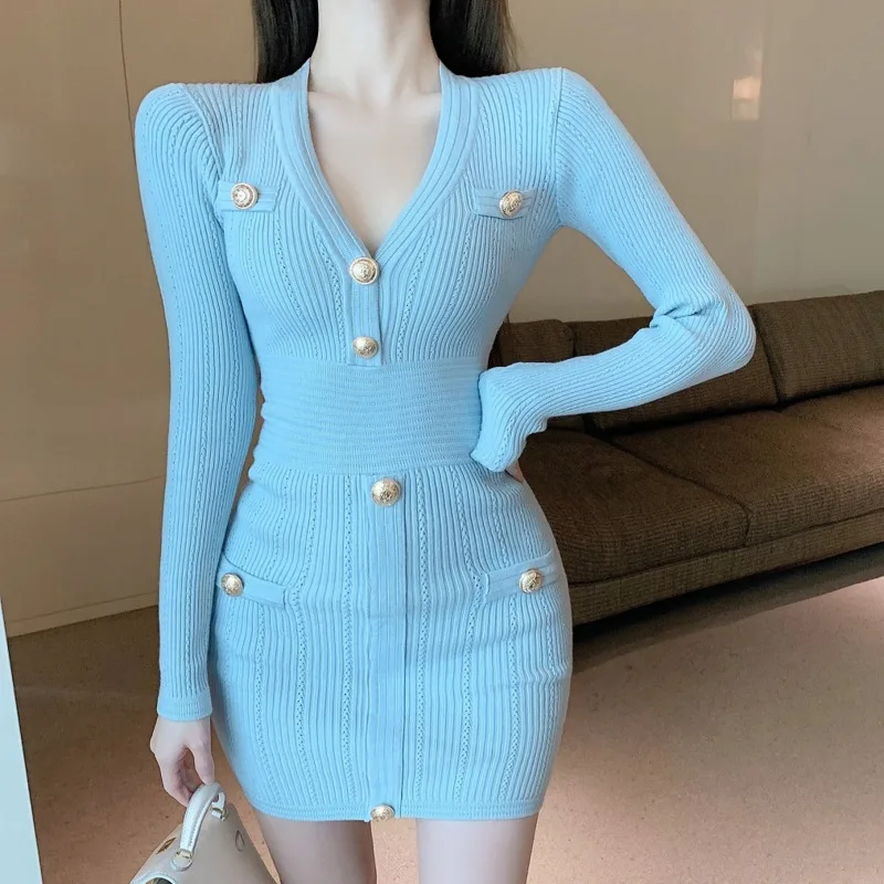 2024 Nowa koreańska moda Dzianinowe sukienki swetrowe z długim rękawem dla kobiet Sexy Bodycon Mini Party Dress Bottomed Robe Femme Vestidos