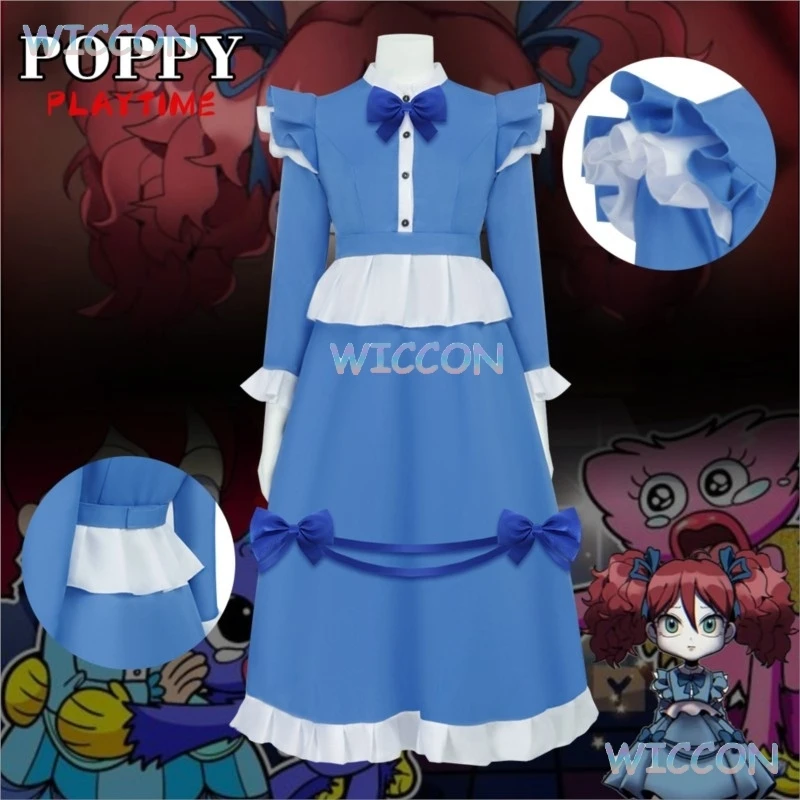 Dunayskiy The Poppy Cosplay disfraz vestido juego Poppy Cos Playtime pelo rojo chica mujeres niñas vestido de sirvienta azul Lolita Halloween Par