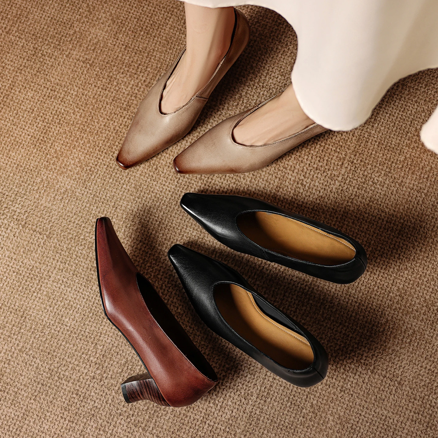 2026 new spring autumn women pumps natural leather 22-25cm washed cowhide+sheepskin square toe high heel women shoes fashion