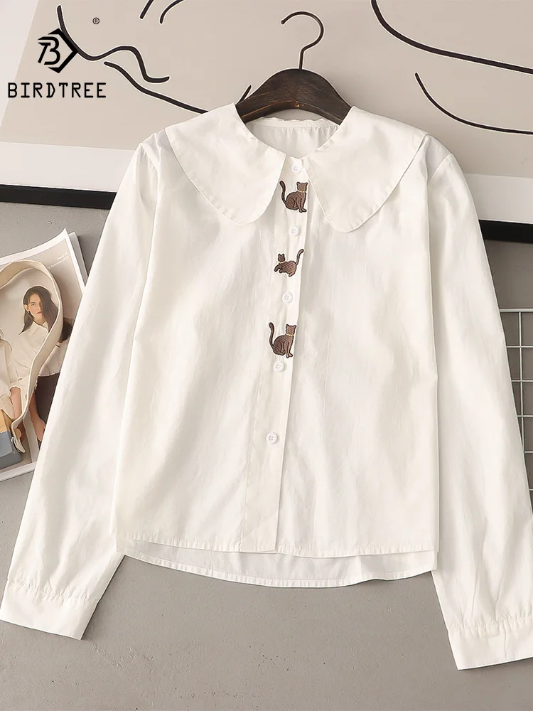 Spring New Women Cotton White Shirts Long Sleeve Peter Pan Collar Cat Embroidery Casual Blouse Autumn Office Ladies Tops T32612Z