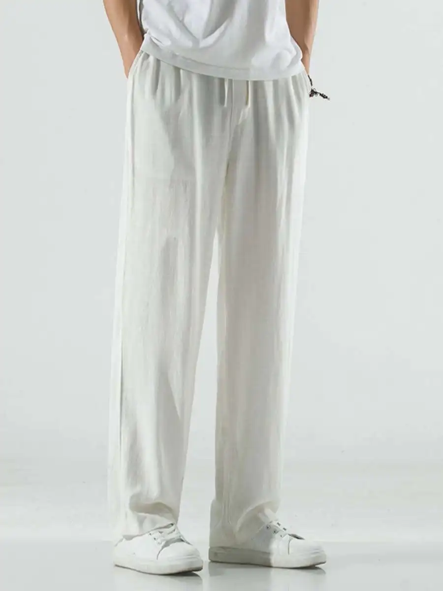 

New Men's Linen Pants Casual Spring Summer Loose Wide Leg Sporty Straight Pure Color Cotton Linen Drapey Trousers