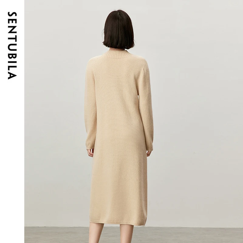 SENTUBILA 100% Wool Knit Dress Women 2024 Casual Loose Fit Half High Collar Long Sleeve Solid Comfort Female Knitwear W44L57009