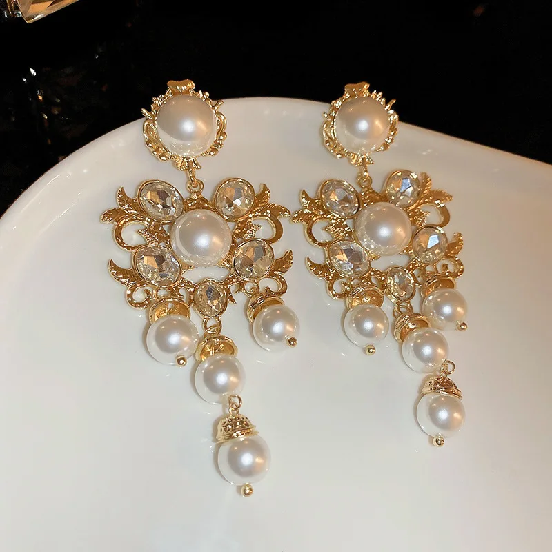 Hollow Out Rhinestone Pearl Flower Leaves Tassel Drop Earrings for Women French Medieval Palace Style Party Jewelry