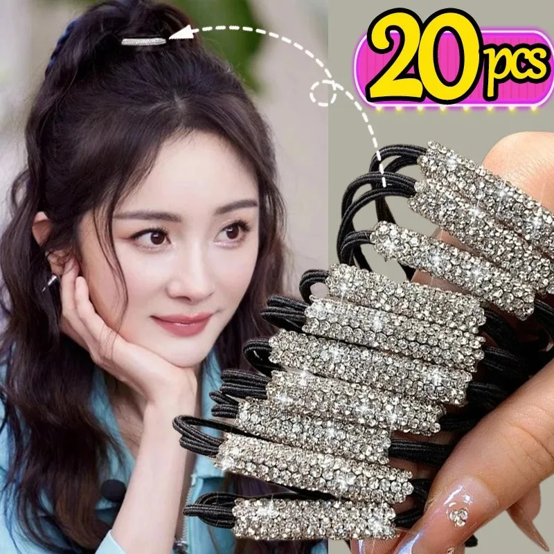 1/20pcs Full Crystal Rubber Bands Hair for Women Black Rhinestone Elastic Hair Girls Lovely Hair Ropes Ponytail Holder Tie