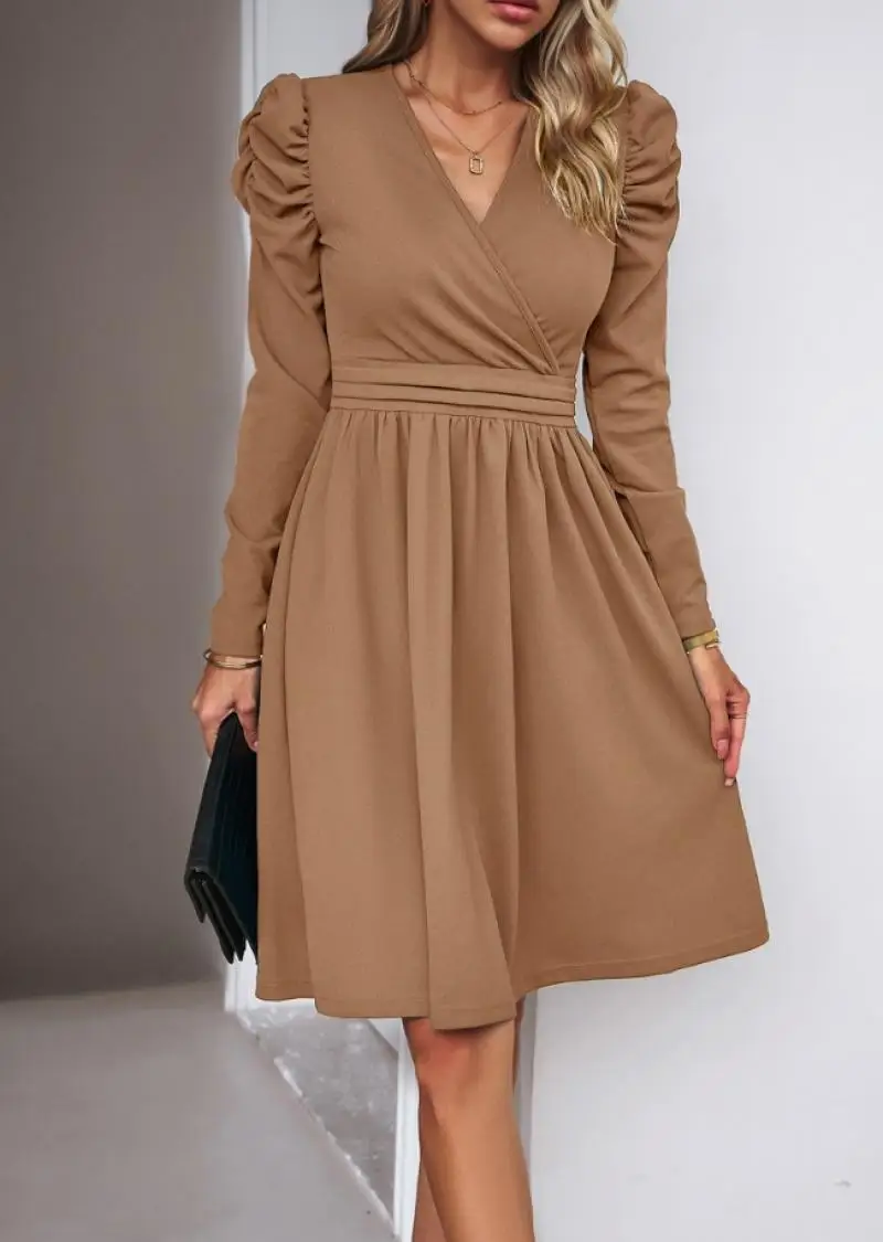 

Elegant Party Dresses Woman Fashion A-Line Dresses 2024 Autumn Solid Color V-Neck Pleated Long Sleeved Waist Cinched Midi Dress