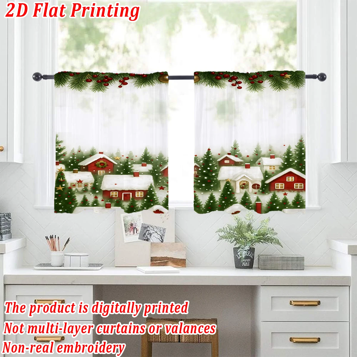 Christmas Flat Printing Kitchen Sheer Curtain with Merry Christmas Trees House Snowflake For Christmas Home Decor  Party