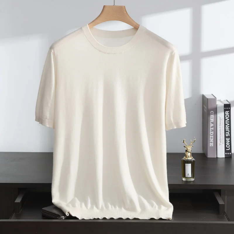 

Мужская футболка из 100% камвольного кашемира, пуловер с короткими рукавами, высокое качество, весенне-летняя футболка, свитер с воротником-стойкой, дышащие топы