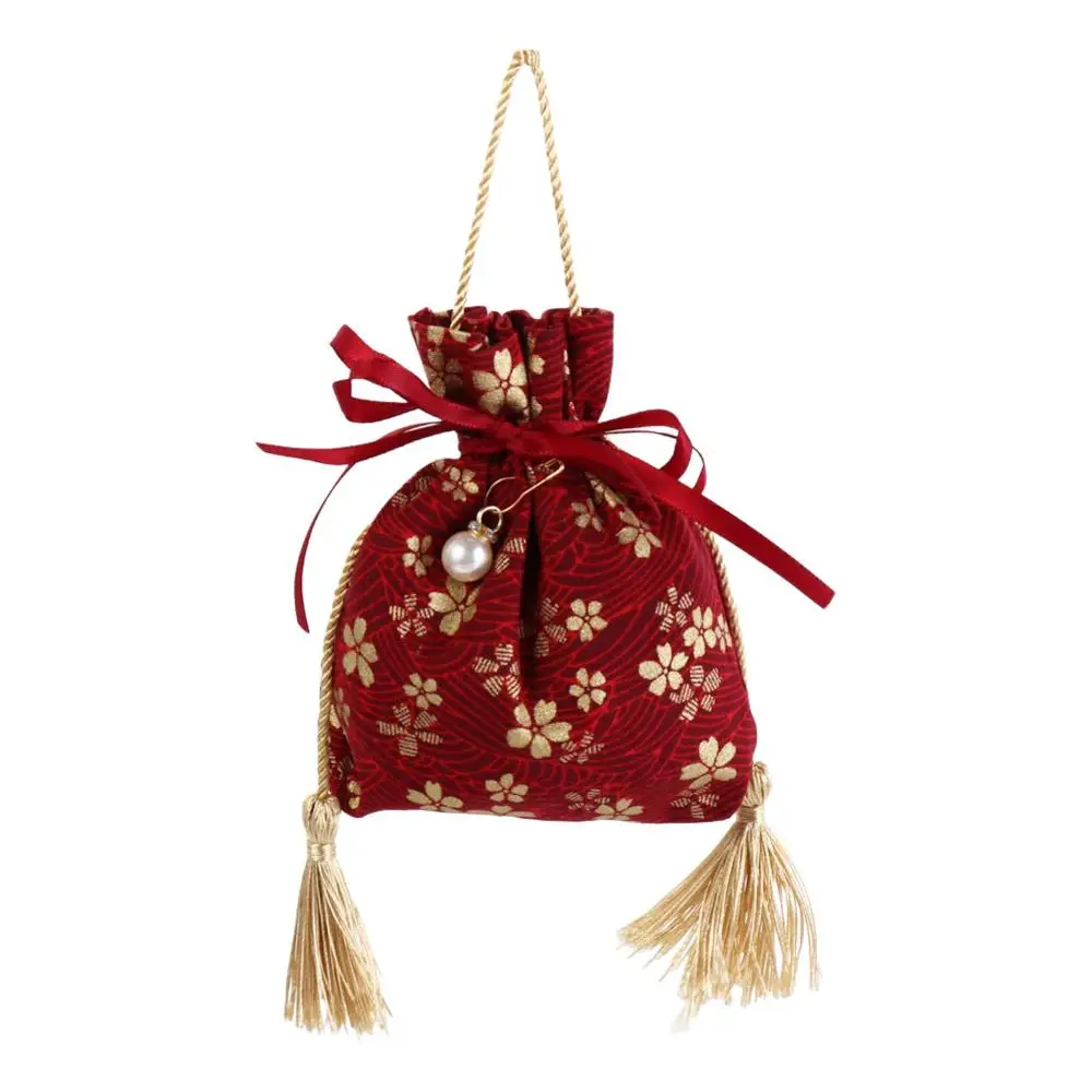

Sakura Canvas Flower Drawstring Bag Pearl Pendant Satin Bow Ribbon Bow Wrist Bag Jewerly Packing Bag Bucket Bag