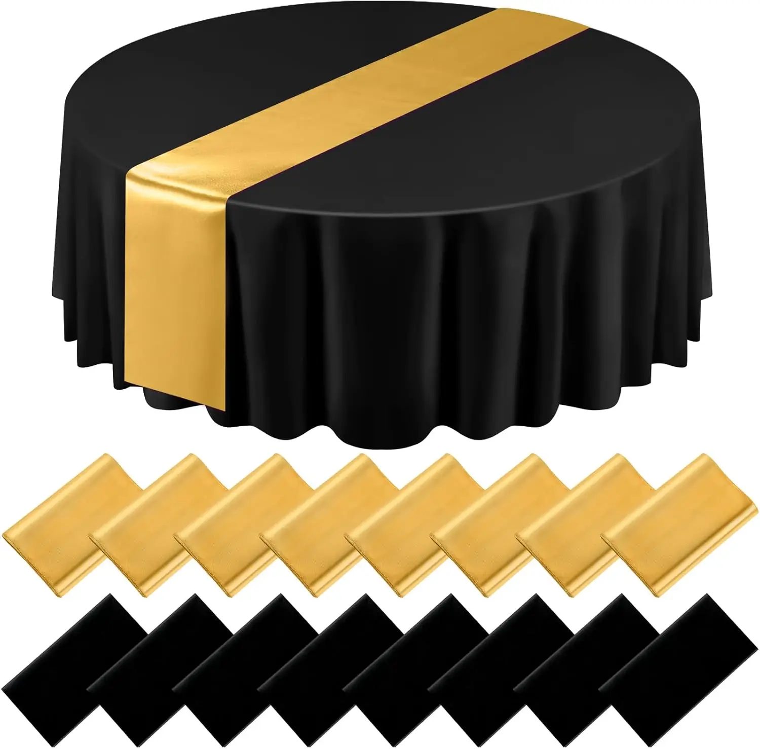

Набор из 16 предметов: черные и золотые круглые пластиковые скатерти и атласные дорожки для стола, круглые чехлы для столов диаметром 84 дюйма, дорожки для столов 12 x 108 дюймов