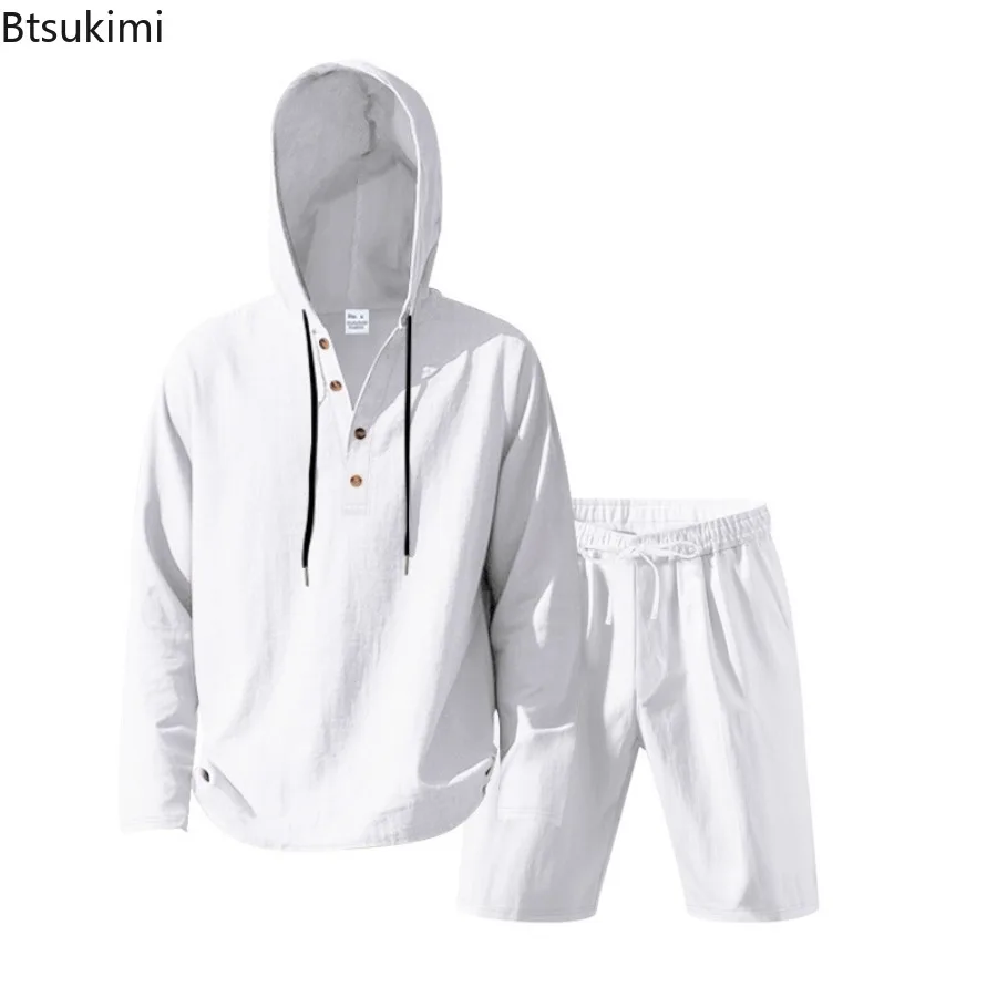 

Spring Summer Linen Men's Casual Suit Loose Hooded Henley Long Sleeve Long Pants Set Solid Color Fashion Casual Two Piece Sets