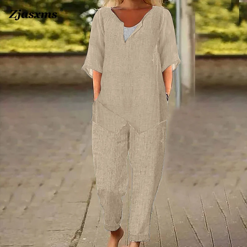 

Women Cotton Linen Two-pieces Set Spring Autumn Office Pockets Long Pant Outfits Female Casual Street Short Sleeve T-shirt Suits