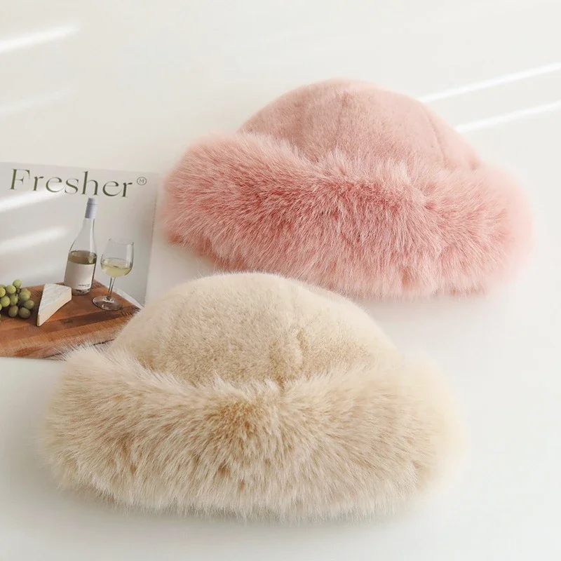 หมวกไหมพรมขนเฟอร์หนานุ่มสำหรับผู้หญิง หมวกบีนนี่ขนฟู หมวกมองโกเลียสำหรับอากาศหนาว หมวกกันหิมะ หมวกปานามา