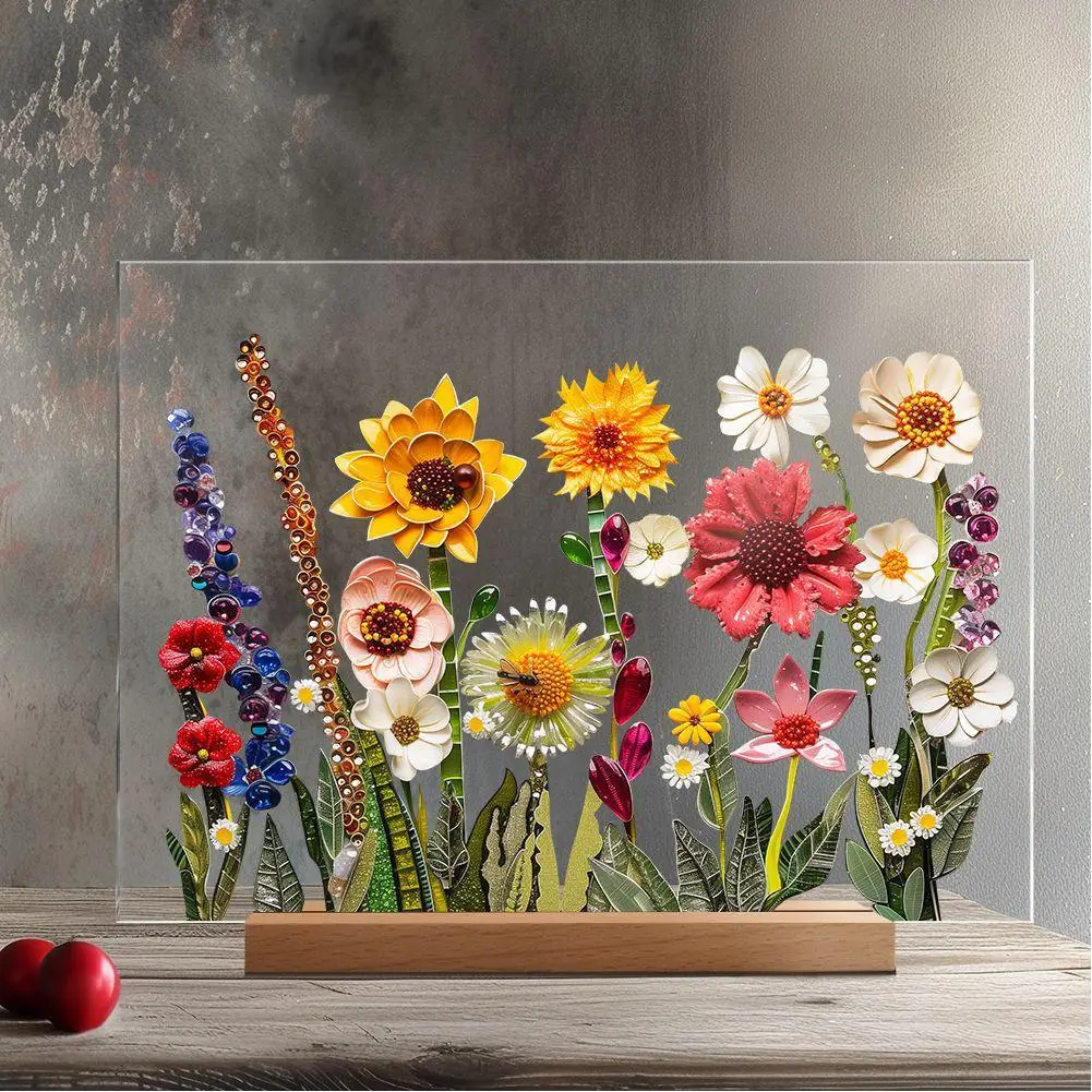 

Clear Desk Decorative Sign Wood Stand Aesthetic Transparent Desktop Ornament Floral Printed Acrylic Sign Crafts Birthday Gift