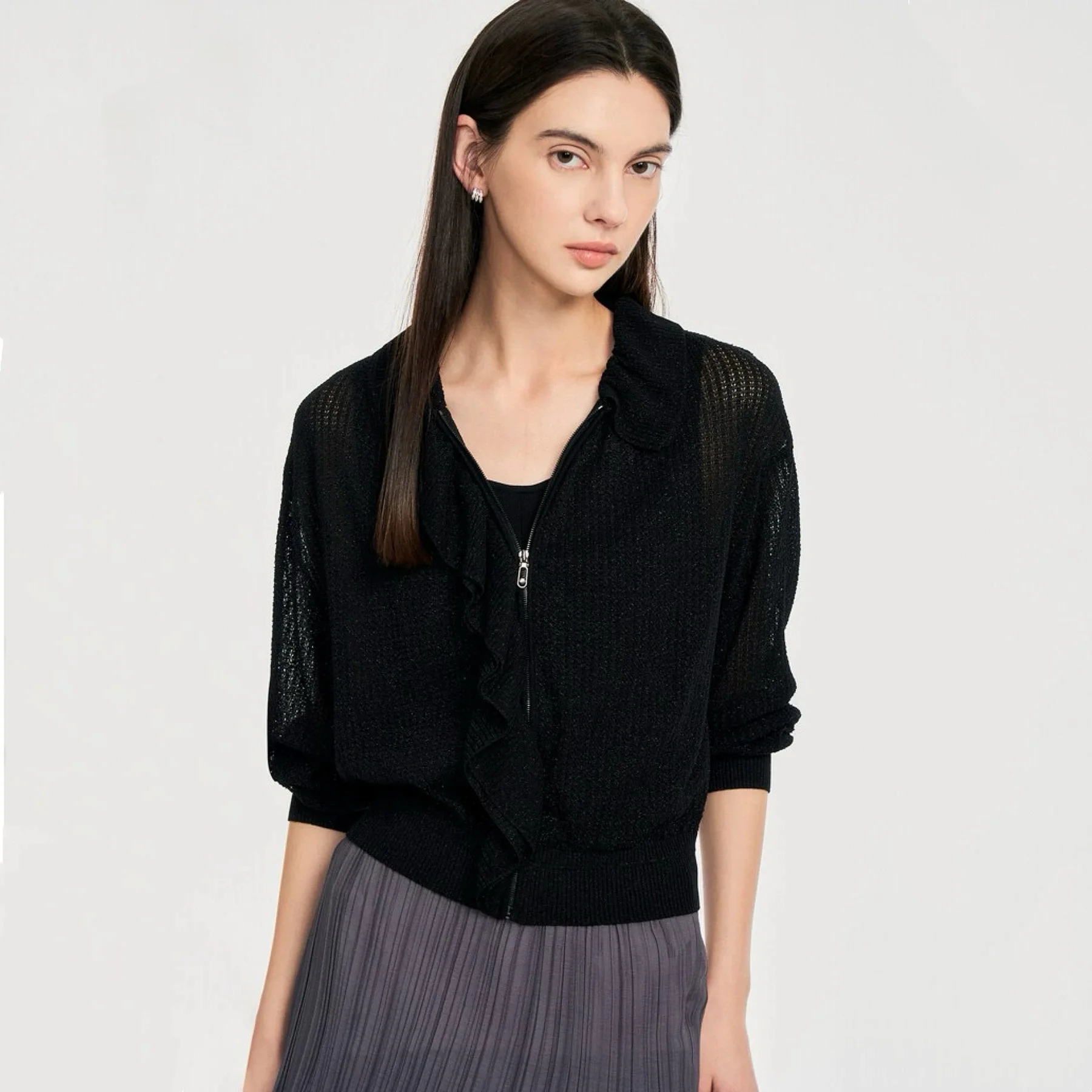 

Double Layer Lemon Cheese Knitted Zipper Jaet with Lace Design Versatile Outerwear for Women Commute Sle Long Sve