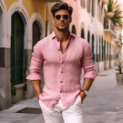 Vinatge Pink Mens Medieval Shirt New in Autumn Cotton Linen Crepe Camisas Hombre Elegantes Men Shirts Casual Solid Blusas Tops