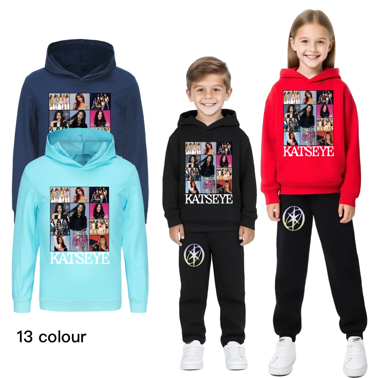 

Комплект одежды Katseye Funny Clothes для мальчиков и девочек: модный спортивный костюм с принтом «Steal a Brainrot» (толстовка + черные брюки) 5302