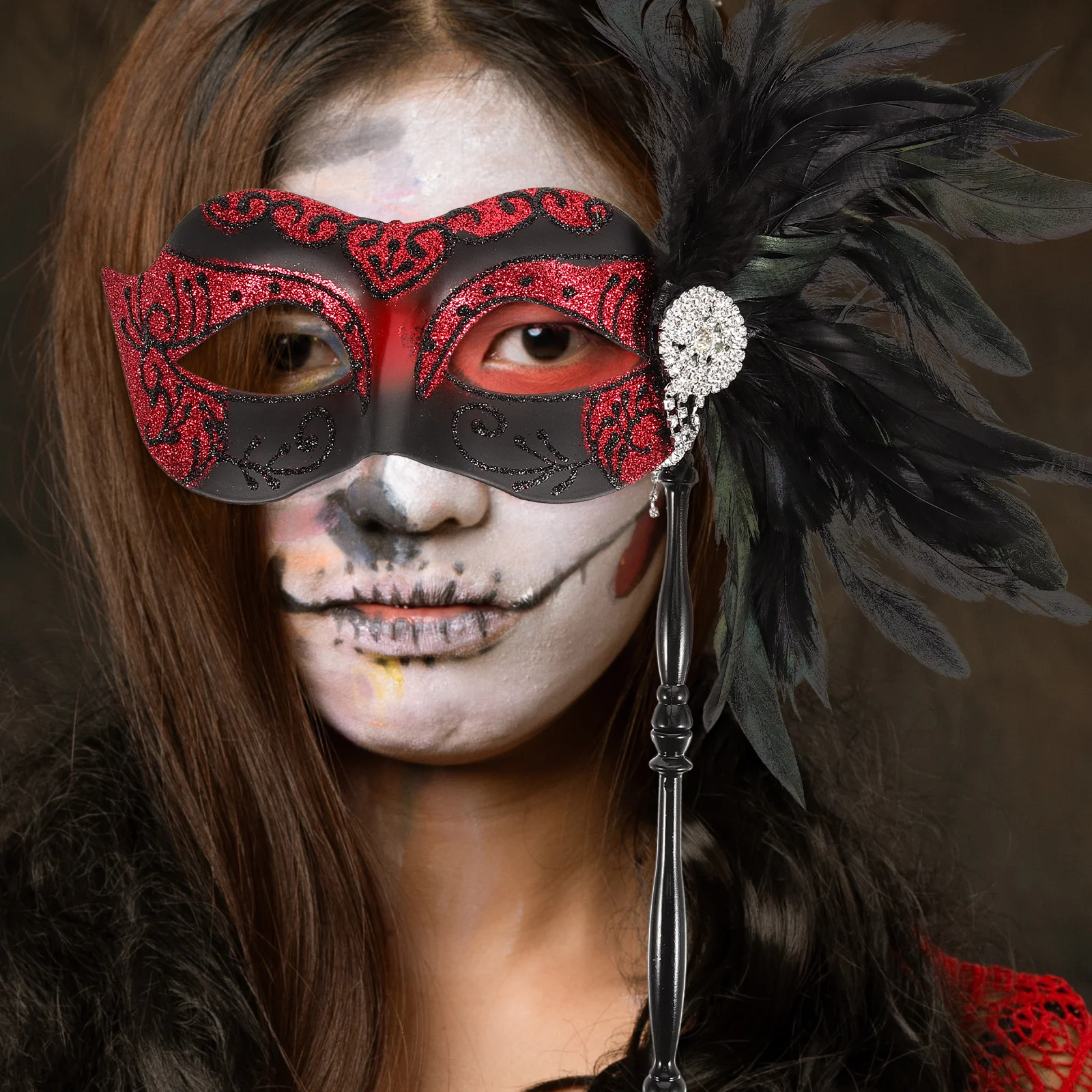 

Halloween Half Face Mask Handheld Masquerade Party Decor Costume Dancing Artificial Plastic Exquisite Detail