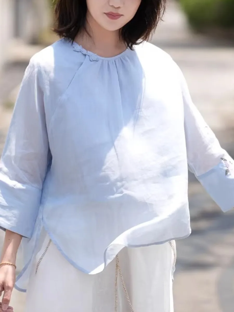 

Japanese Sle Loose Fit Summer Cotton Linen Thin irt Women's Loose Slimming Embroidery Sun Protection Trendy Top