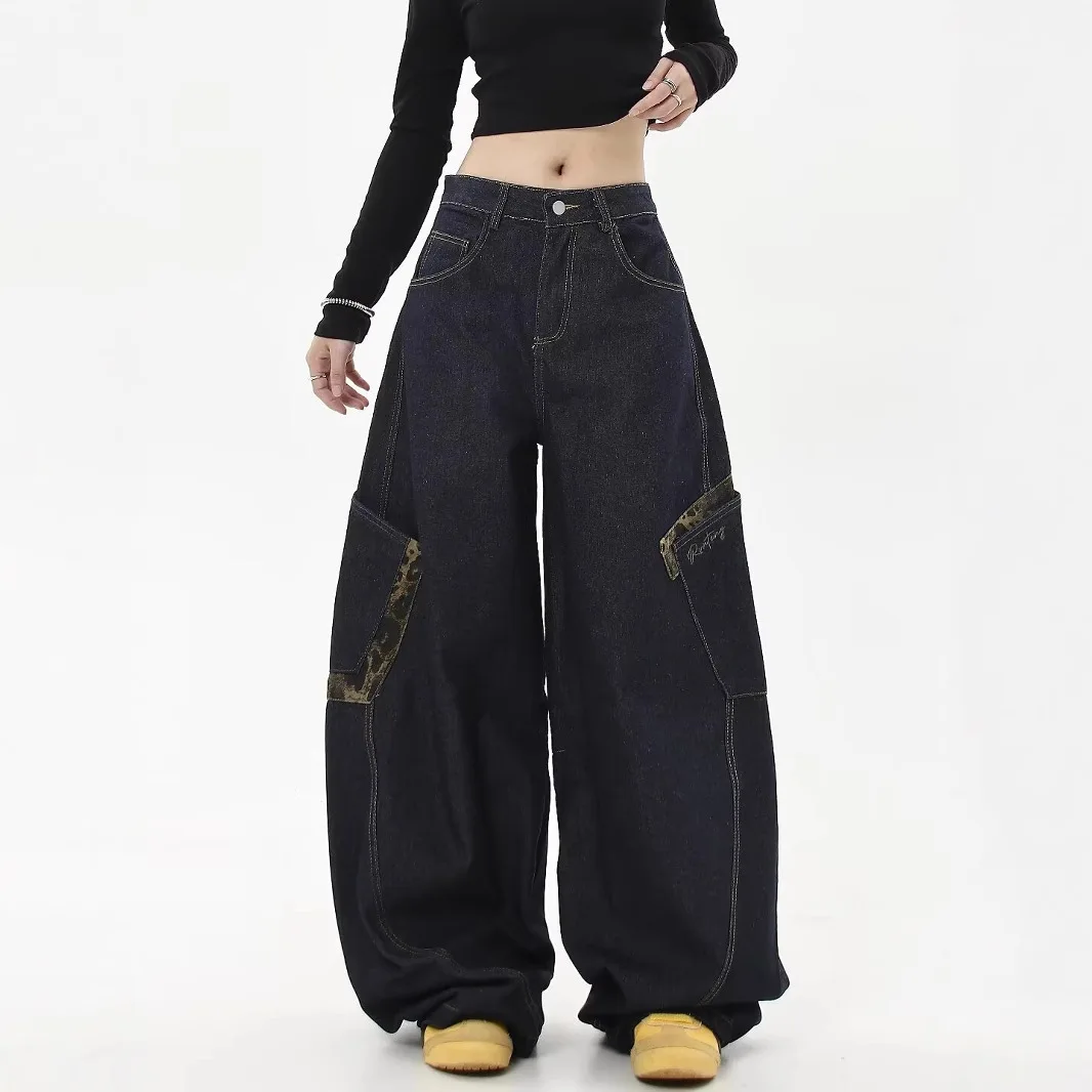 Uniesx Jeans 2025 Otoño Invierno nuevas mujeres pantalones vaqueros Retro desgastado leopardo Panel pierna ancha barril pantalones sueltos Slim Fit