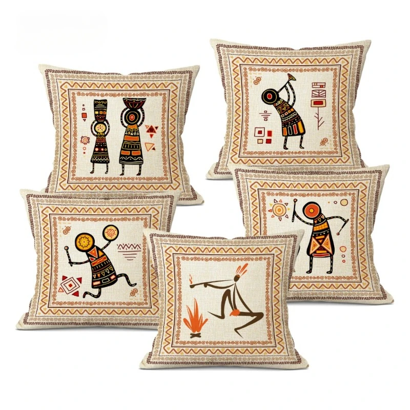 Fair of Linen Cushion Cartoon Tribe Characters Pillowcase African Decorations Home Decor Holiday