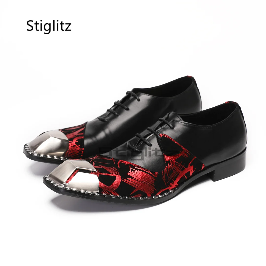 

Metal Square Toe Mixed Colors Men's Shoes Black Red Patchwork Genuine Leather Dress Shoes Men Lace Up Low Heel Casual Shoes