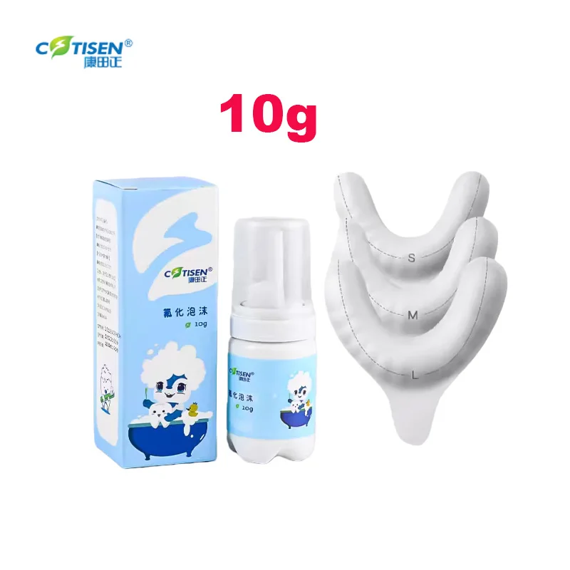 

10 г стоматологической фторированной пены COTISEN, тип А (1,23%), включает 10 одноразовых зубных кап, со вкусом клубники