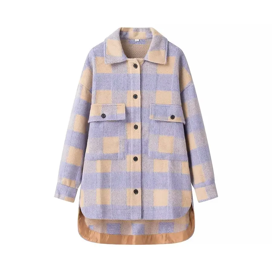 UETEEY Stylish Loose Plaid Woolen Shirt Women Fashion Pockets Turn-down Collar Check Jacket Cute Girls Chic Coat Streetwear