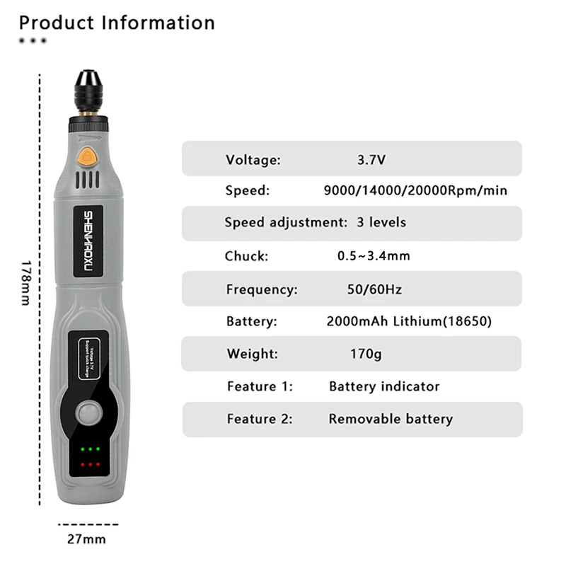 SNENHAOXU Cordless Electric Grinder Rechargeable Removable Battery Woodworking Engraving LED 3 Speed Rotary Tool Mini Engraver