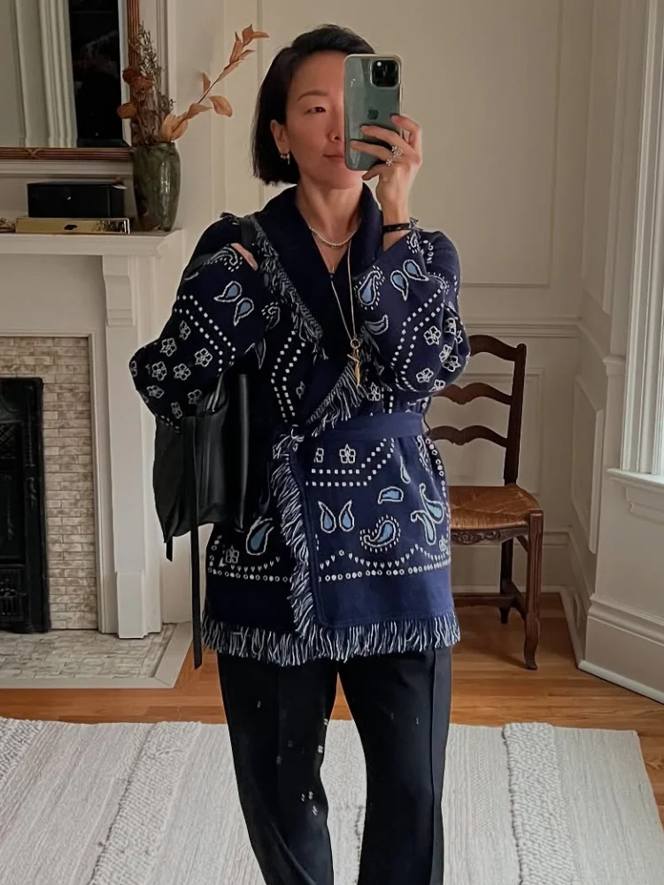 شرابة المرقعة المطبوعة سترة المرأة موضة الخامس الرقبة طويلة الأكمام ملابس خارجية فضفاضة سيدة الخريف اليومية تخفيف الشارع بالأزرار