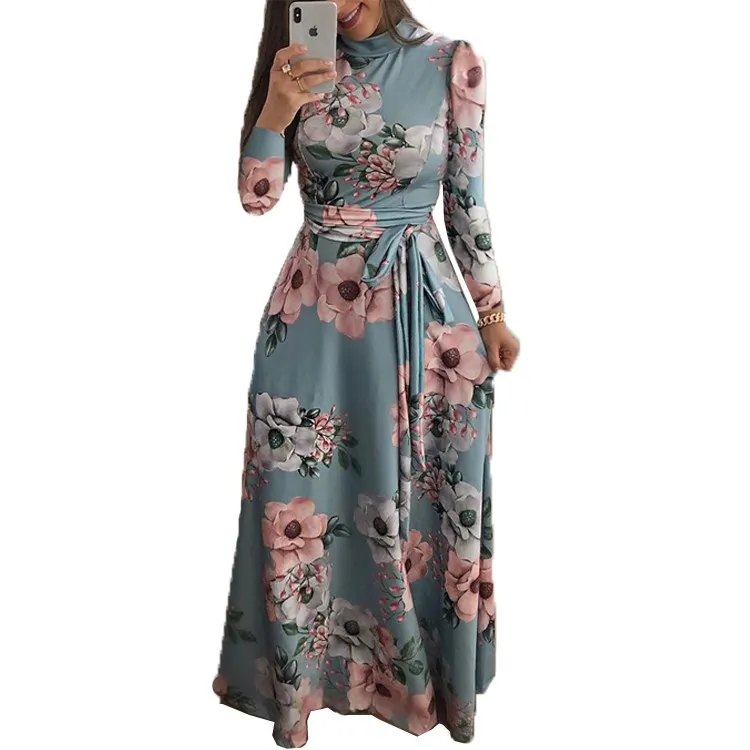 Autumn Winter Floral Print Long Sve Dr Women's High Waist Knitted Gown Vintage Sle Commute Friendly A-Line Skirt