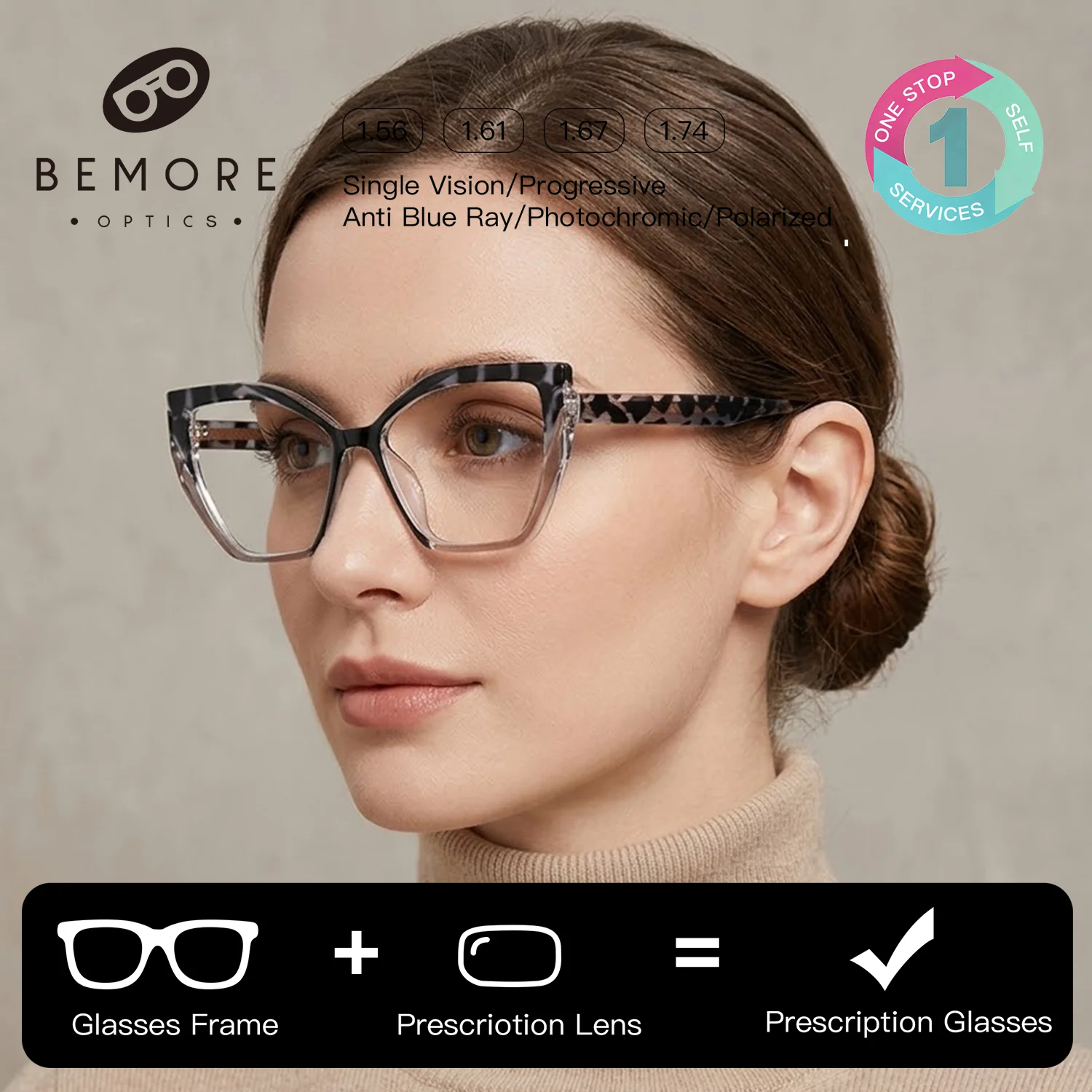 

BEMORE Custom Square Ultralight Acetate Prescription Glasses Women Butterfly Blue Light Filter Photochromic Multifocal Eyewear